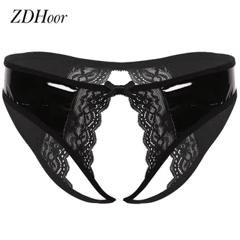 

Womens Sexy Underwear Sleepawear Patent Leather Lingerie Low Rise Crotchless Underpants Lace Edge Cheeky Hipster Briefs Panties