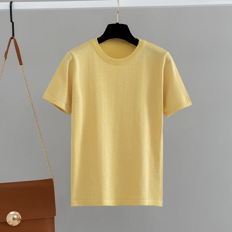 GIGOGOU блестящая женская летняя футболка с люрексом, трикотажная Повседневная футболка с короткими рукавами и круглым вырезом, тонкая трикотажная одежда, базовая женская футболка