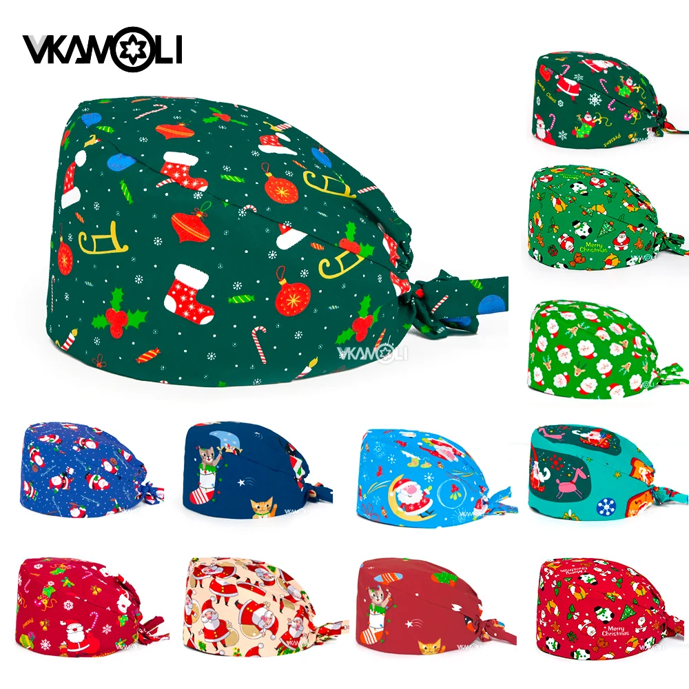 Christmas stocking printing scrub cap With sweat towel wholesale adjustable size scrubs hat nursing hats for women | Тематическая