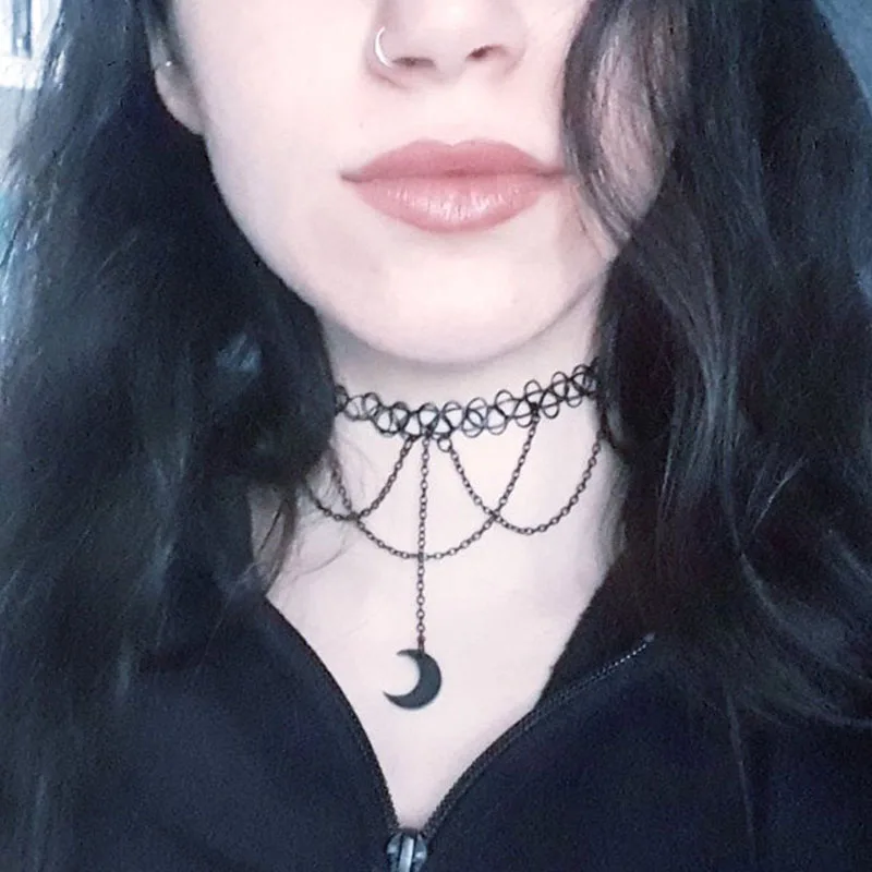 Moon Gothic Chains O Ring Choker Black Moon Necklace, Crescent Moon Pendant - Image 3