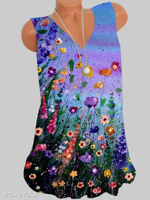 Fashion printing large size women T-shirt V-neck sleeveless vest casual ladies T-shirt women tops 25