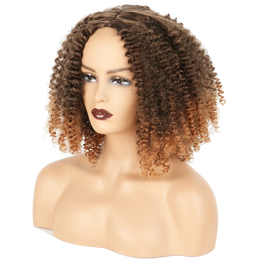 Perucas para as Mulheres Marrom Afro Crespo Peruca Encaracolado Mel Profundo Curto Negras Ombre Synthetic Fibre Cachos Cosplay 5 Apliques e perucas