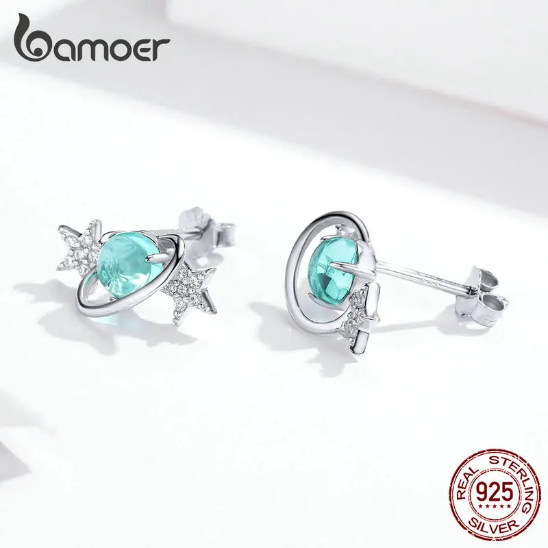 Bamoer Blue Planet серьги-гвоздики со звездой для женщин подлинный 925 пробы серебряный дизайн Вселенная модные ювелирные изделия SCE701