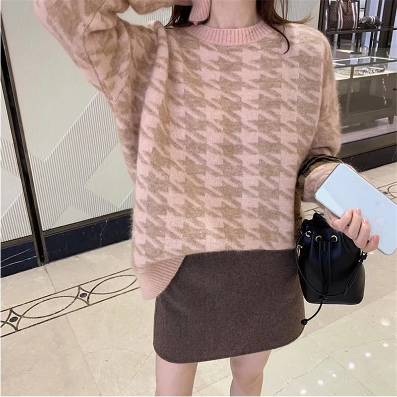 CBAFU fashion houndstooth women sweater pullovers long sleeve o neck soft knitted sweater autumn winter basic pullover P613