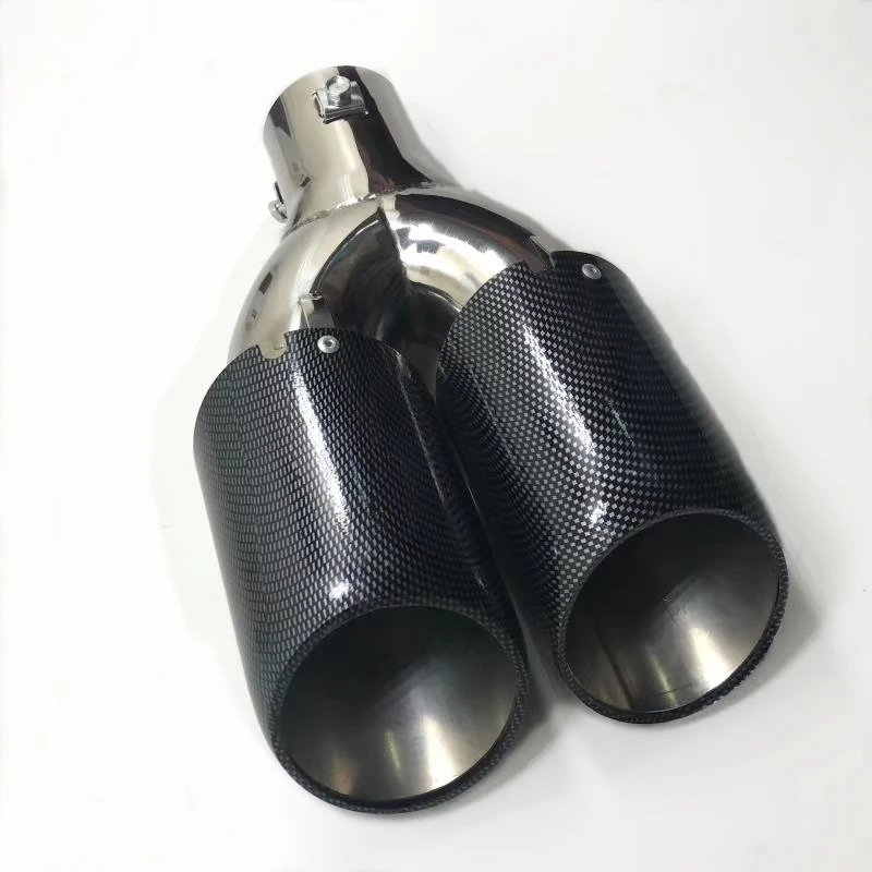 1 PC Carbon Look+ 304 Stainless Steel Exhaust End Tips Auto Universal Muffler Double Exhaust Pipes