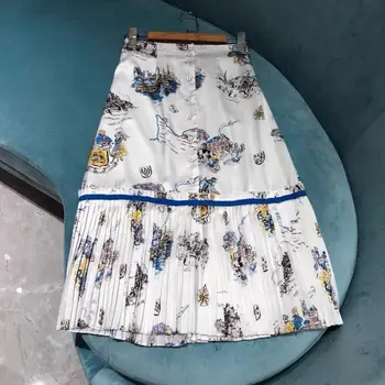 

Skirt Women Pleated Summer Temperament Silk Printing Medium-length 2020 New Elegant Smooth Silky Good Quality Women Skirt