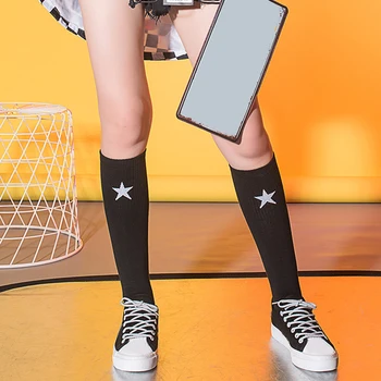 

Black White Color Knee High Sock Japan Style Cotton Tube Socks Soft Autumn Winter Warm Socks Five-Pointed Star Long Socks