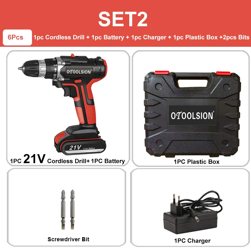 SET2 (1 pc battery) 21 в Электрическая отвертка с переменной скоростью, аккумуляторная отвертка, электроинструменты, дрель, электрическая отвертка, дрель с аксессуарами для дрели - Цвет: SET2 (1 pc battery)