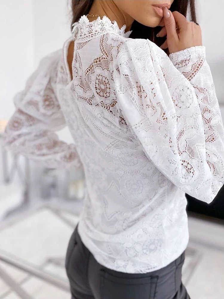 Women Chiffon Blouse 2020 Spring Summer Lace Hollow Out Top Embroidery Long Sleeve white black Shirt Feminino blusa roopa mujer | Женская