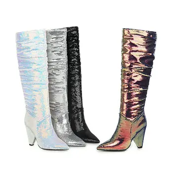 

Bling Women Knee High Boots high Heeled Pointed Toe Long Boots black gold silver blue Female Boots Autumn wedding Shoes woman