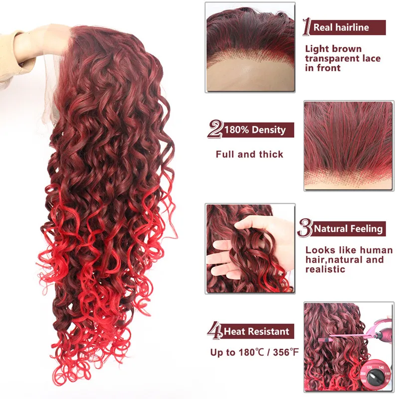 Ebingoo Long Afro Kinky Curly Synthetic Lace Front Wigs Two Tone Ombre Red Wig with Widow Peak Heat Resistant Fiber for Women