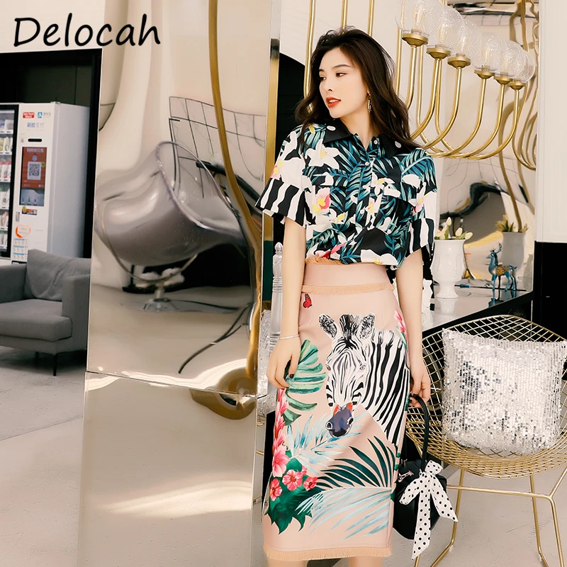 

Delocah Spring Summer Women Set Runway Fashion Designer Short Sleeve Printed Blouses+Slim Mermaid Female Skirt Two Pieces Suits