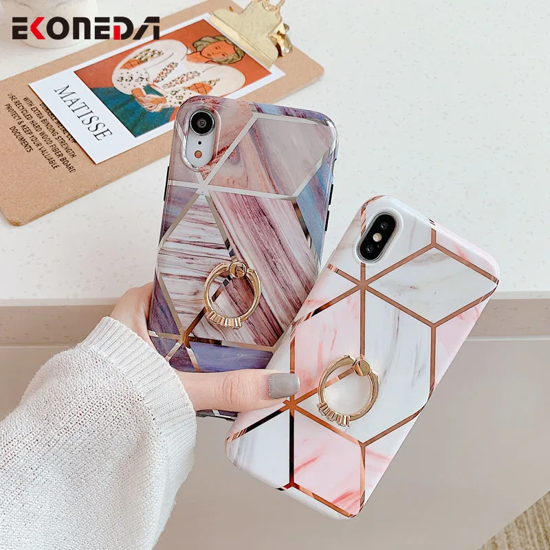 

EKONEDA Finger Holder Ring Case For iPhone 11Pro 7 8 Case Geometric plating Marble For iPhone 6 6S 7 8 X XR 11Pro Max Plus Case