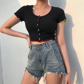 

2020 New European and American short crop trim top for women vintage matching button collar short sleeve black T-shirt