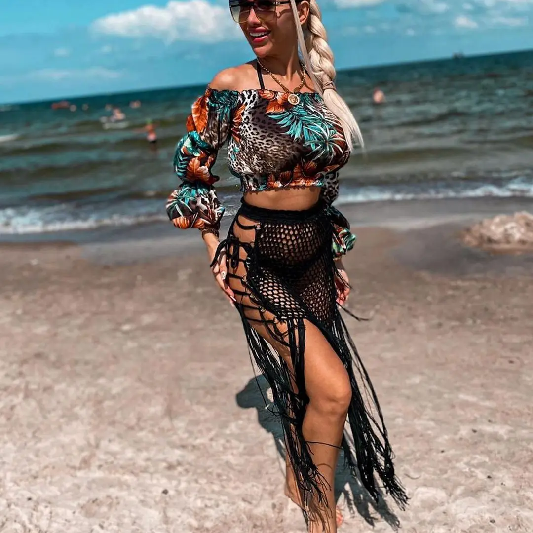 Crochet Knit Two Piece Set Women Summer Beach 2Piece Suits Sexy Hollow Out Tassel Perspective Tops &amp Skirts Bikini Cover Up |