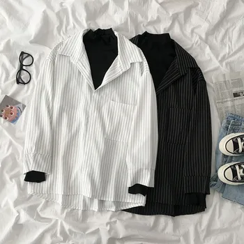 

False Two Pieces Women Shirts Autumn New Turtleneck Striped Loose Casual All Match Office Lady Pulls Outwear Tops