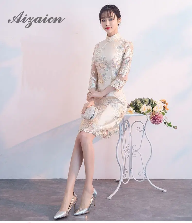 Cheongsam Мини 2018 Летняя мода кружево Половина рукава платья для вечеринок современный китайский Свадебные Qipao платье пикантные тонкие