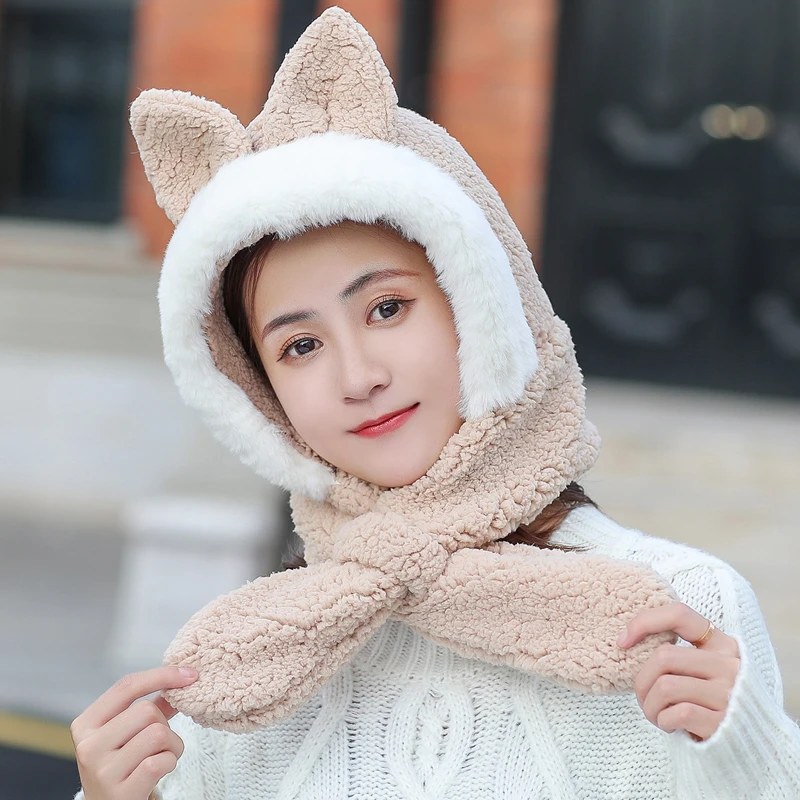 

New Lovely Cartoon Ear Skullies Beanies Rabbit Fur Knitted Hats Winter Thick Warm Soft Solid Caps Snow Women ear Hat