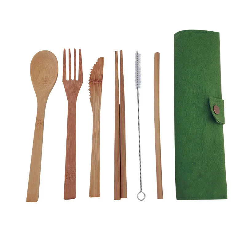 

7-Piece Wooden Flatware Cutlery Set Bamboo Straw Dinnerware Set With Cloth Bag Knives Fork Spoon Chopsticks Travel Wholesale