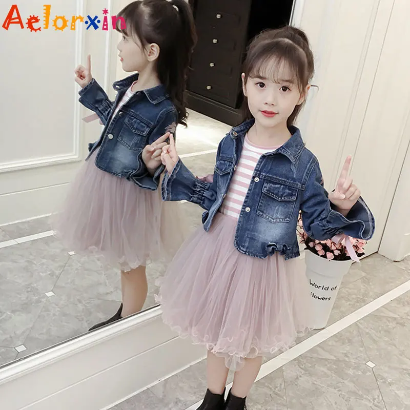

Fashion Autumn Spring Embroidered Girls Sets Denim Coat + Dress Girls Clothing Sets For 4 8 10 15 Years Party Princess Dress