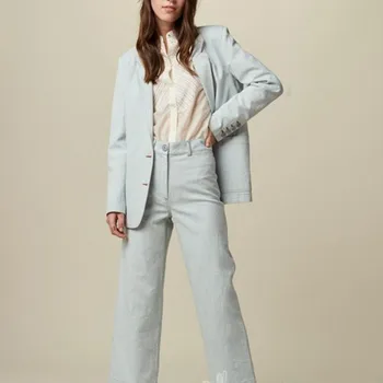 

Women's Blazer Coat With Double Pockets Single Breasted Jacket Top Or High Waist Casual Pants Office Wear Female Trousers Set