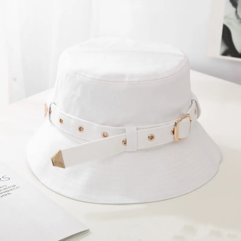 Girls Gold Buckle Belt White Bucket Hat 2020 New Cool Sun Protective Hat Women Black Camel Cotton Twill Fisherman Hat