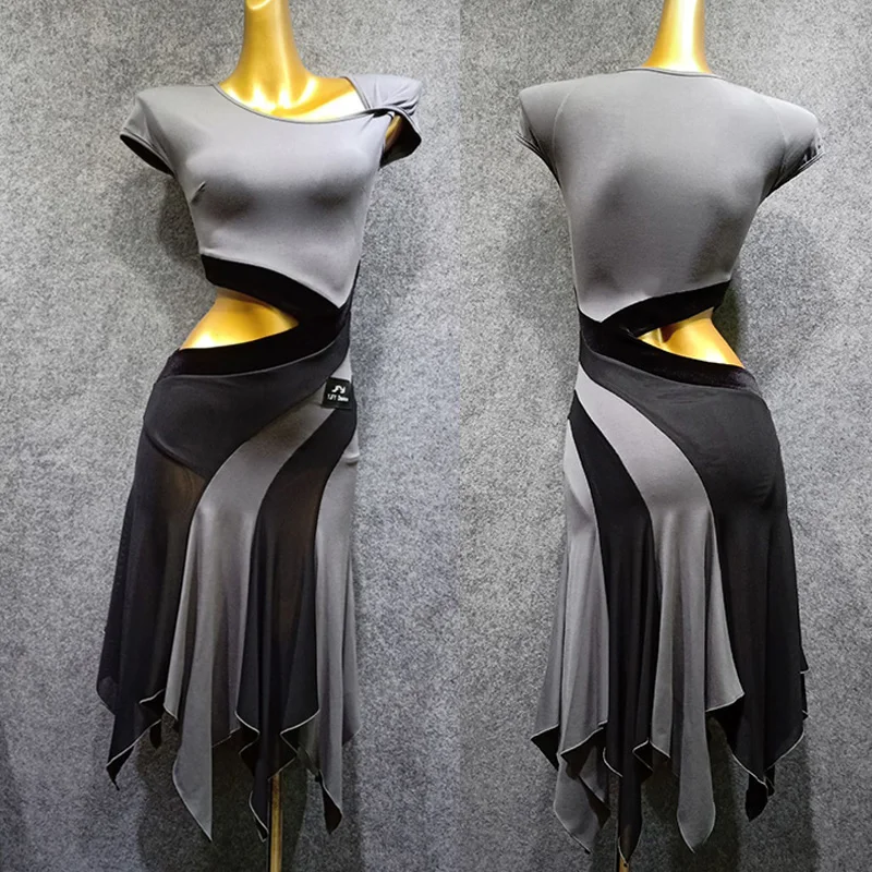 

Latin Dance Dress Gray Short Sleeve Rumba Tango Salsa Cha Dancing Dresses Practice Clothes Women Adults Performance Wear