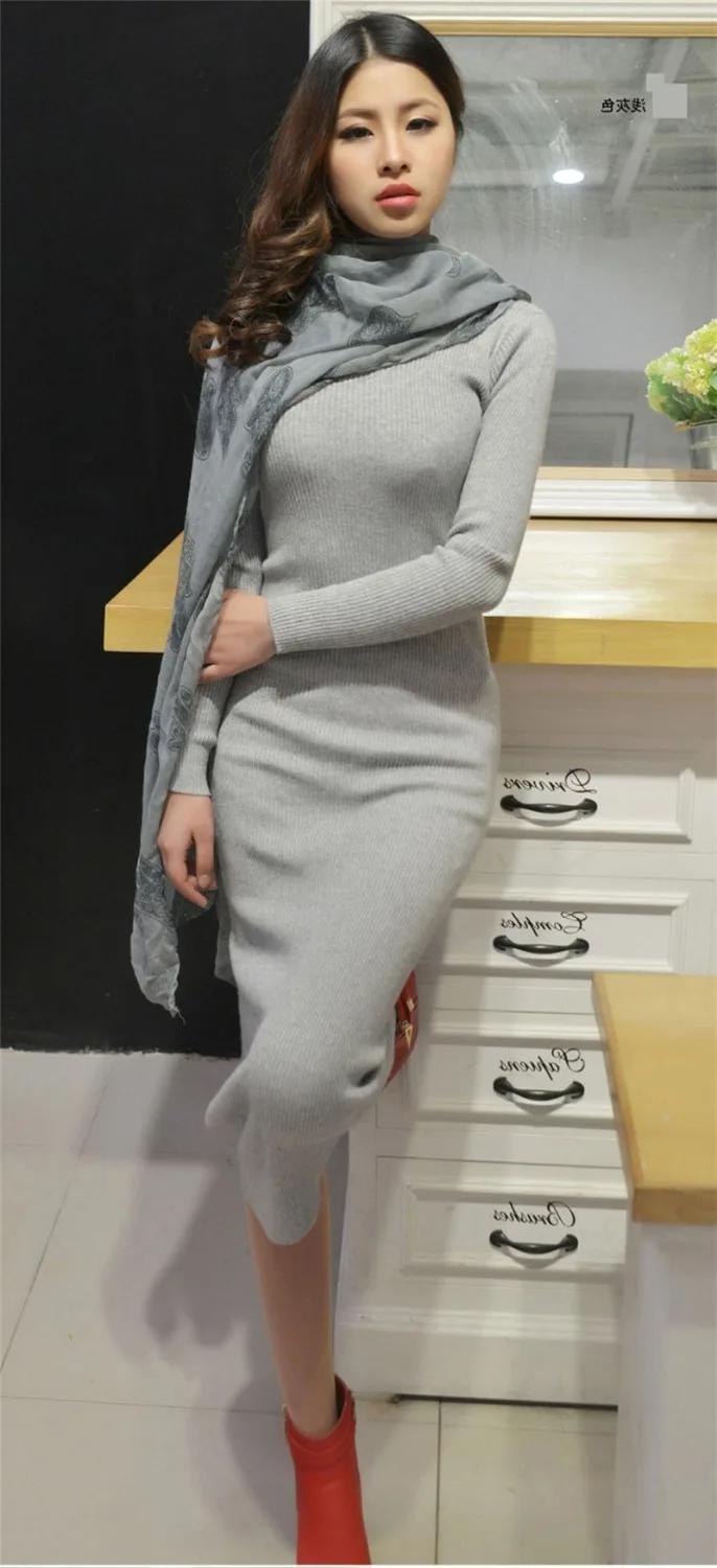 

Hot Sale Autumn Winter Casual Cashmere Knitted Dress Turtleneck Women's Dresses Plus Size Women Clothing FYY233