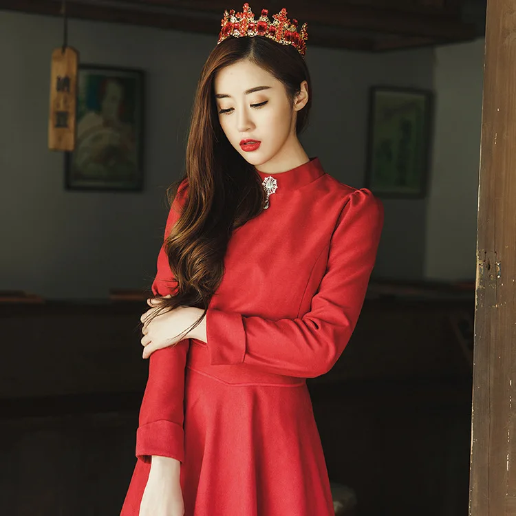 

7217 # Autumn Clothing First Ladies' Slim Fit Retro Spring Autumn Clothing Stand Collar Long Sleeve Velvet Dress