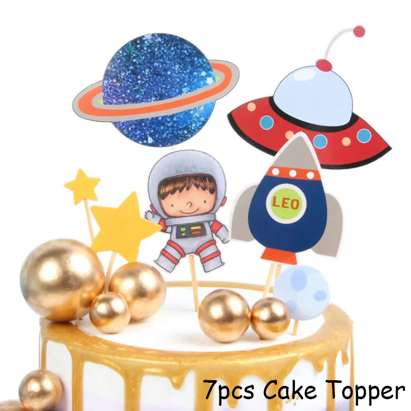 Joy-Enlife солнечная система космическая тематическая вечеринка на день рождения Декор бумажная тарелка салфетка для чашек баннер кружится для детей планета тема Вечерние - Цвет: 7pcs Cake Topper