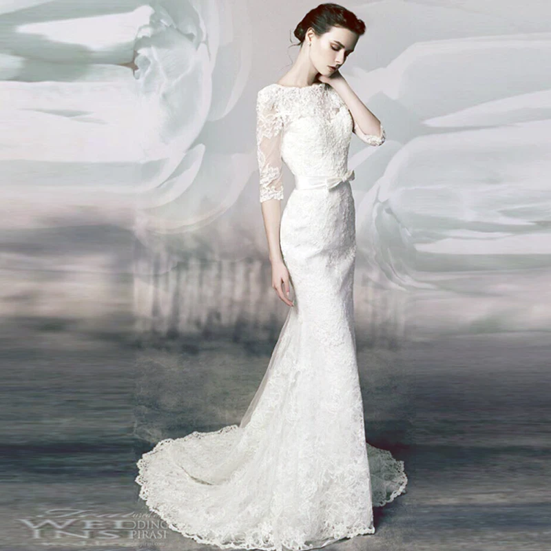 

2018 New Arrival hot lace mermaid bridal gown with three quarter sleeve vestido de noiva cap sleeve mother of the bride dresses