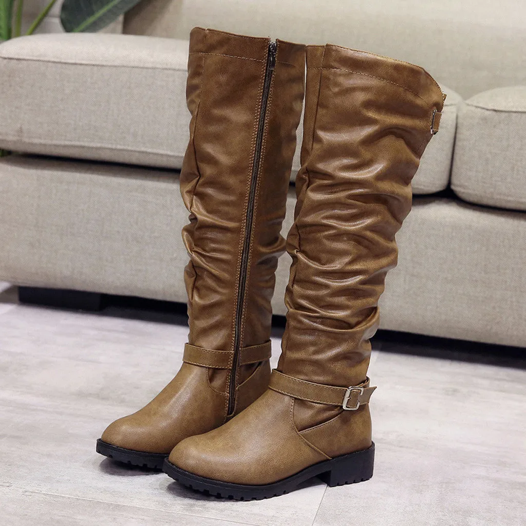 Женские ботинки модные однотонные высокие сапоги на молнии с квадратным каблуком обувь до колена сапоги с круглым носком женская обувь; большие размеры; M50
