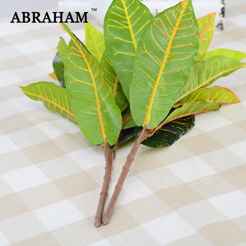 

34cm 12fork Big Artificial Plant Leafs Fake Codiaeum Tropical Tree Branch Real Touch Foliage Green Palm Tree for Autumn Decor