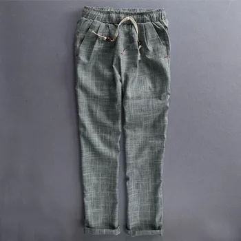 

Litthing Mens Nature Cotton Linen Trousers Summer Pants Casual Male Solid Elastic Waist Straight Loose Pants