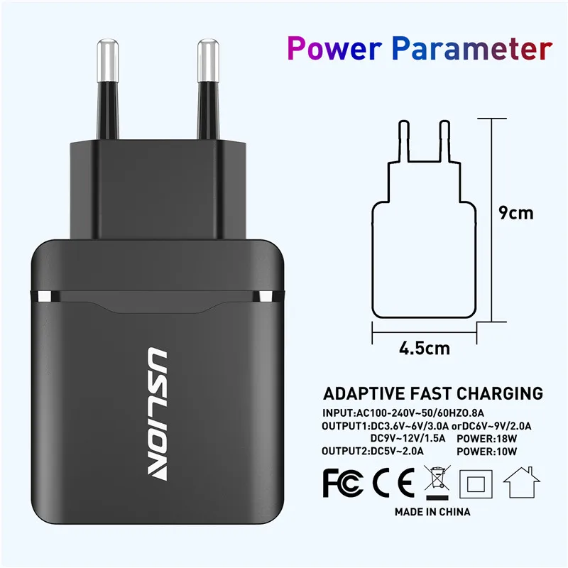 USLION Quick Charge 3,0 18 Вт QC 3,0 адаптер зарядного устройства с двойным USB EU дорожное настенное зарядное устройство для мобильного телефона для iPhone samsung Xiaomi huawei