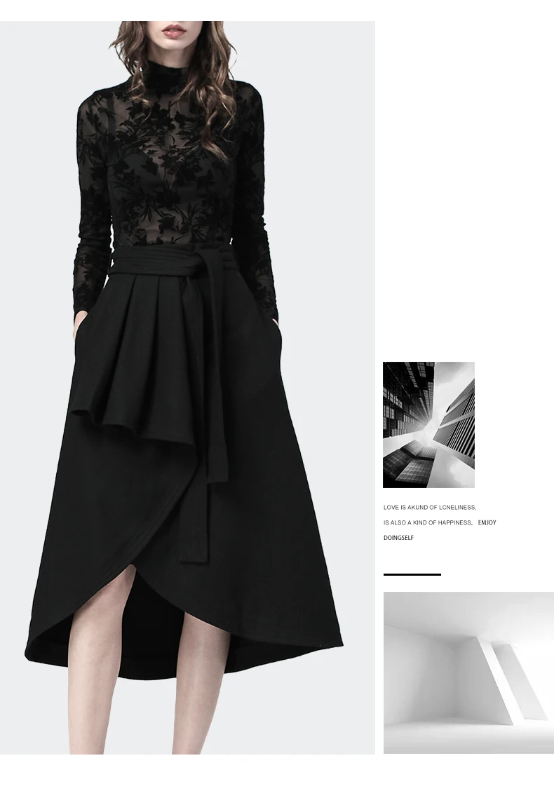 Модная женская зимняя черная шерстяная юбка с завышенной талией расклешенного силуэта с поясом с завязками неровные драпированные миди юбки теплая верхняя одежда размера плюс низ