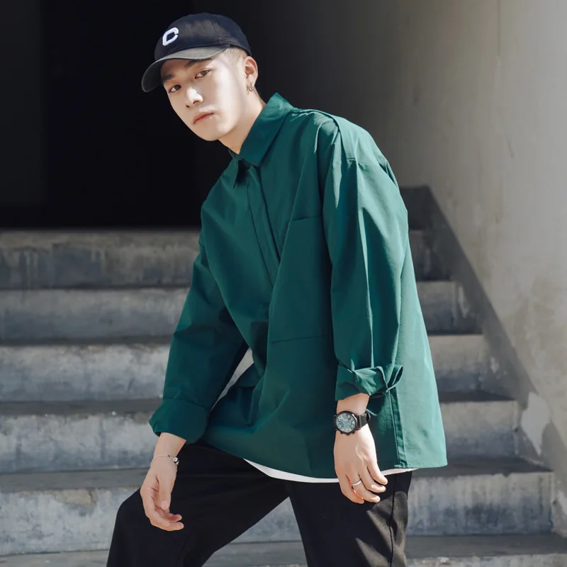Blackish green Мужские однотонные рубашки с длинными рукавами, мужские повседневные рубашки в Корейском стиле, свободные рубашки большого размера в японском стиле, пуловер - Цвет: Blackish green