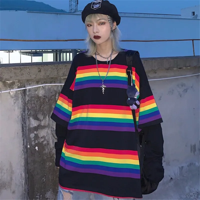 

Lychee Harajuku Patchwork Rainbow Stripe Women T Shirt Fake 2 Pieces Autumn Lady T-shirts Crew Neck Color Block Women T-shirt