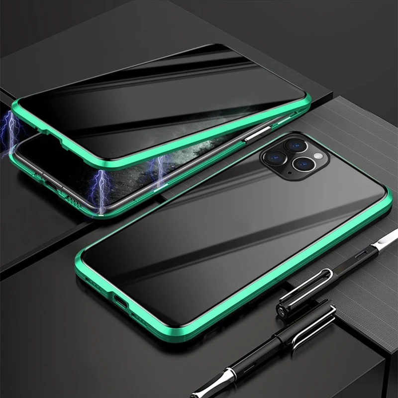 Магнитный абсорбирующий чехол, совместимый с iPhone 11 Pro Max, двухсторонний чехол из закаленного стекла, OC - Цвет: green