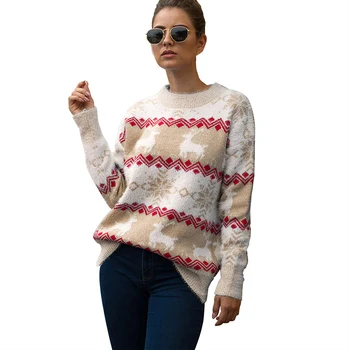 

2019 new Christmas sweater female autumn and winter snowflake fawn pullover sweater