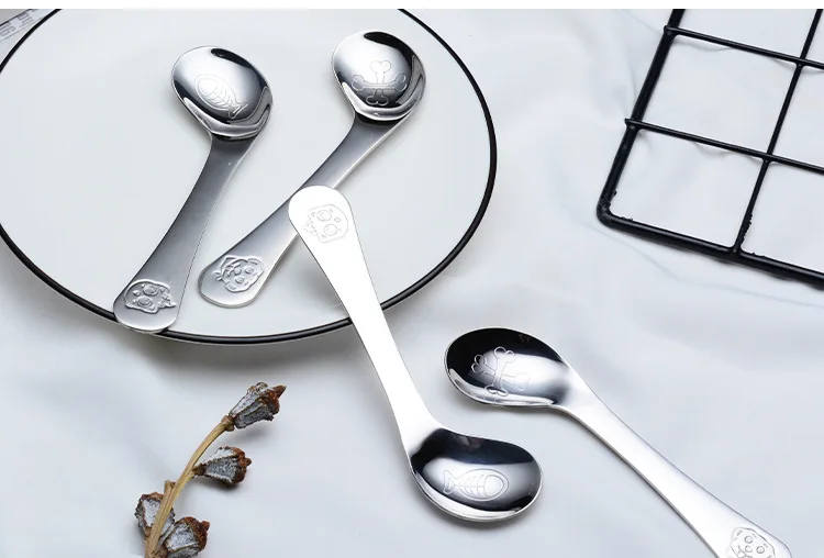304 Stainless Steel Baby Eating Elbow Training Spoon Cartoon Pattern Creative Infant Practice Spoon