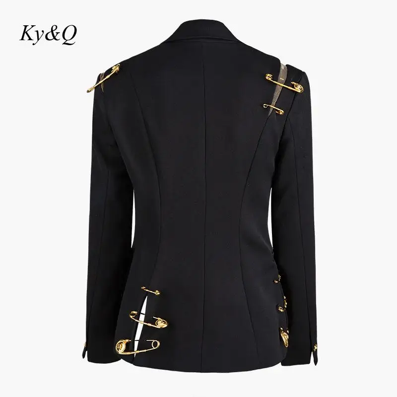 Brand 2019 Winter Fashion High Street Stylish Women Blazer Single Button Mesh Patchwork Pin Slim High Quality Black Jacket