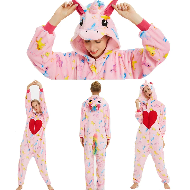 Женские пижамные комплекты с единорогом, кигуруми, фланелевые комплекты пижам с милыми животными, женская зимняя ночная рубашка с единорогом, пижамы, домашняя одежда - Цвет: Pink love unicorn
