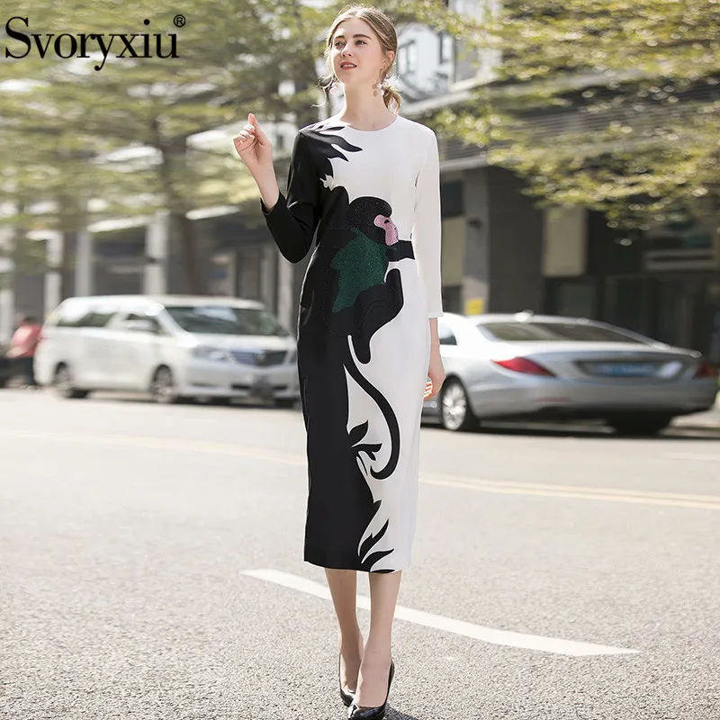 

Svoryxiu New Runway Autumn Winter Fashion Dress Women's Long Sleeve Cartoon Monkey Print Black White Midi Dresses Vestdios