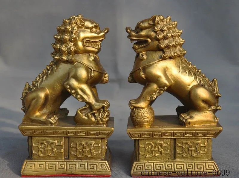 

Christmas 6" old Chinese Feng Shui brass auspicious wealth foo dog lion beast statue pair Halloween