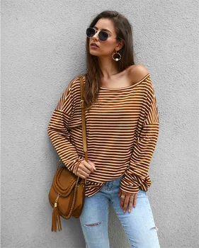 

Sexy Women's Long Sleeve T-Shirts Tops Slim Simple Style Slim Loose Baggy Striped print Casual Autumn Bodycon Tee Shirt 2019 New