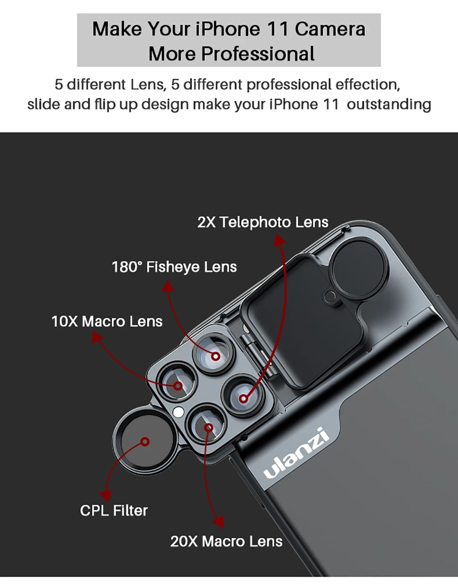 Ulanzi 5 в 1 чехол для объектива телефона Комплект 20X Супер Макро объектив CPL рыбий глаз телеобъектив для iPhone 11 Pro Max чехол для телефона с комплектом объективов