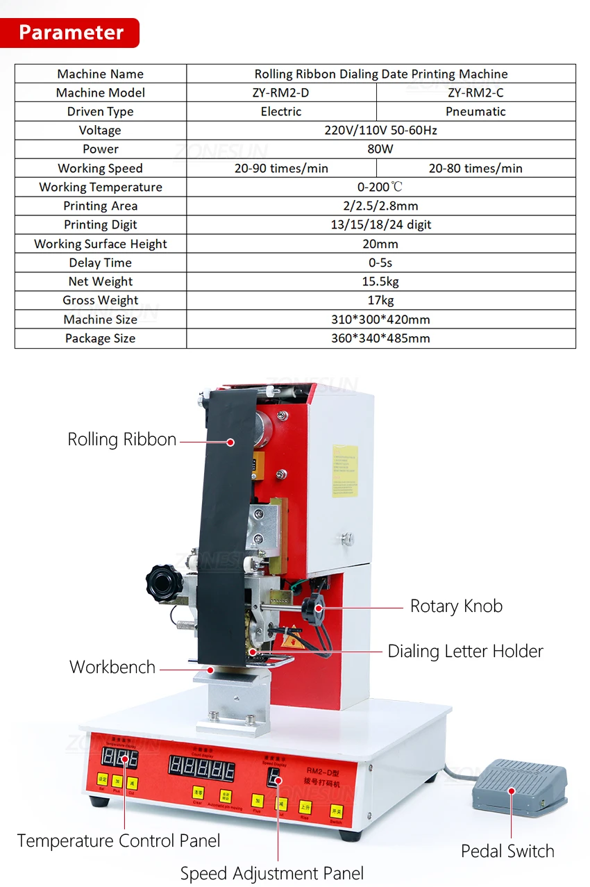 ZONESUN ZY-RM2-D Máquina de impresión de fecha de marcación de cinta rodante