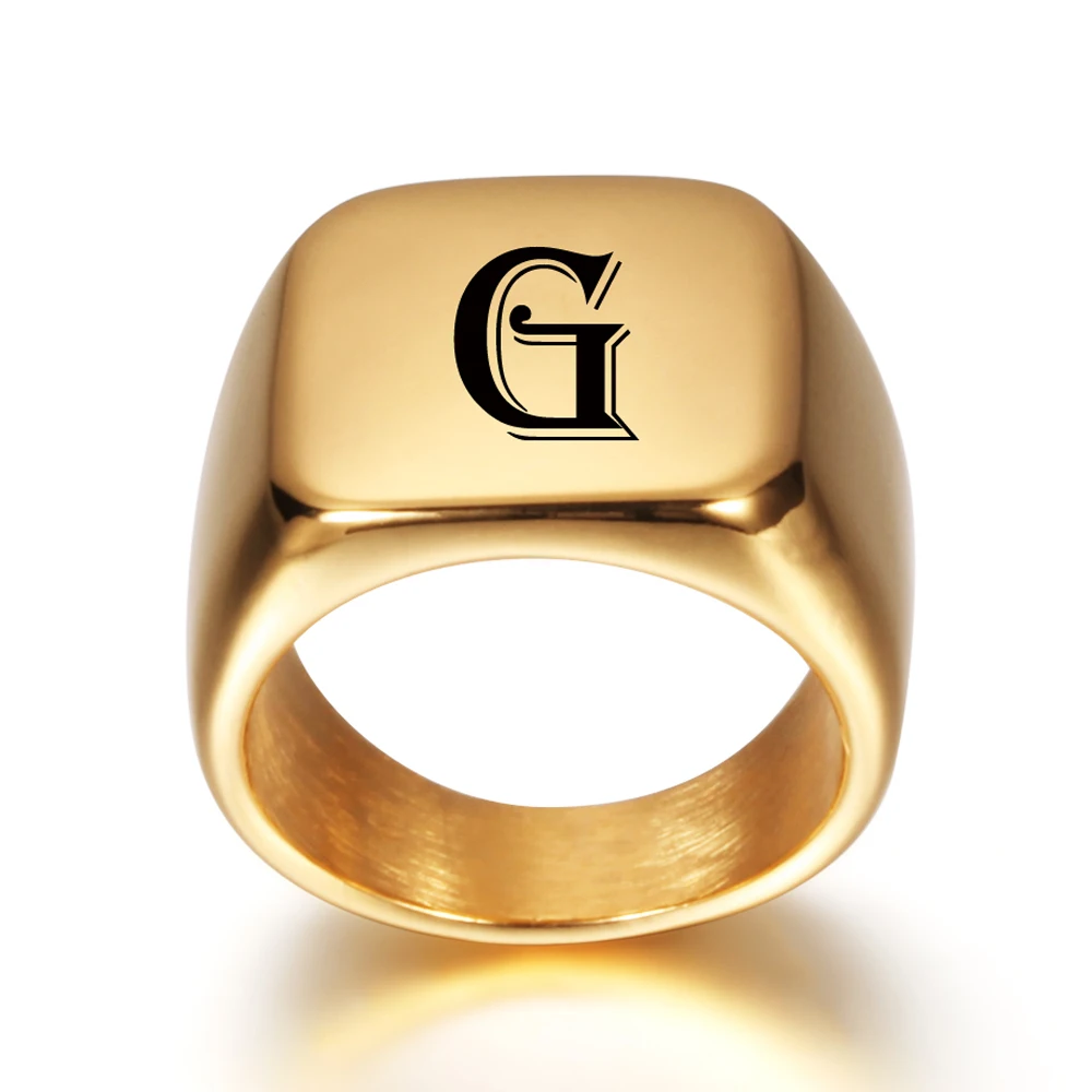 Signet Ring Personalised Initial Engrave A to Z Alphabet Stainless Steel Signet Blank Plain Ring Band High Polished Gold Color Tone U.S.Size