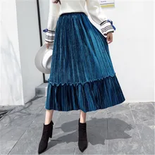 Bella Philosophy осень зима корейский стиль Длинная бархатная женская юбка женская плиссированная Повседневная Эластичная Высокая талия женские юбки